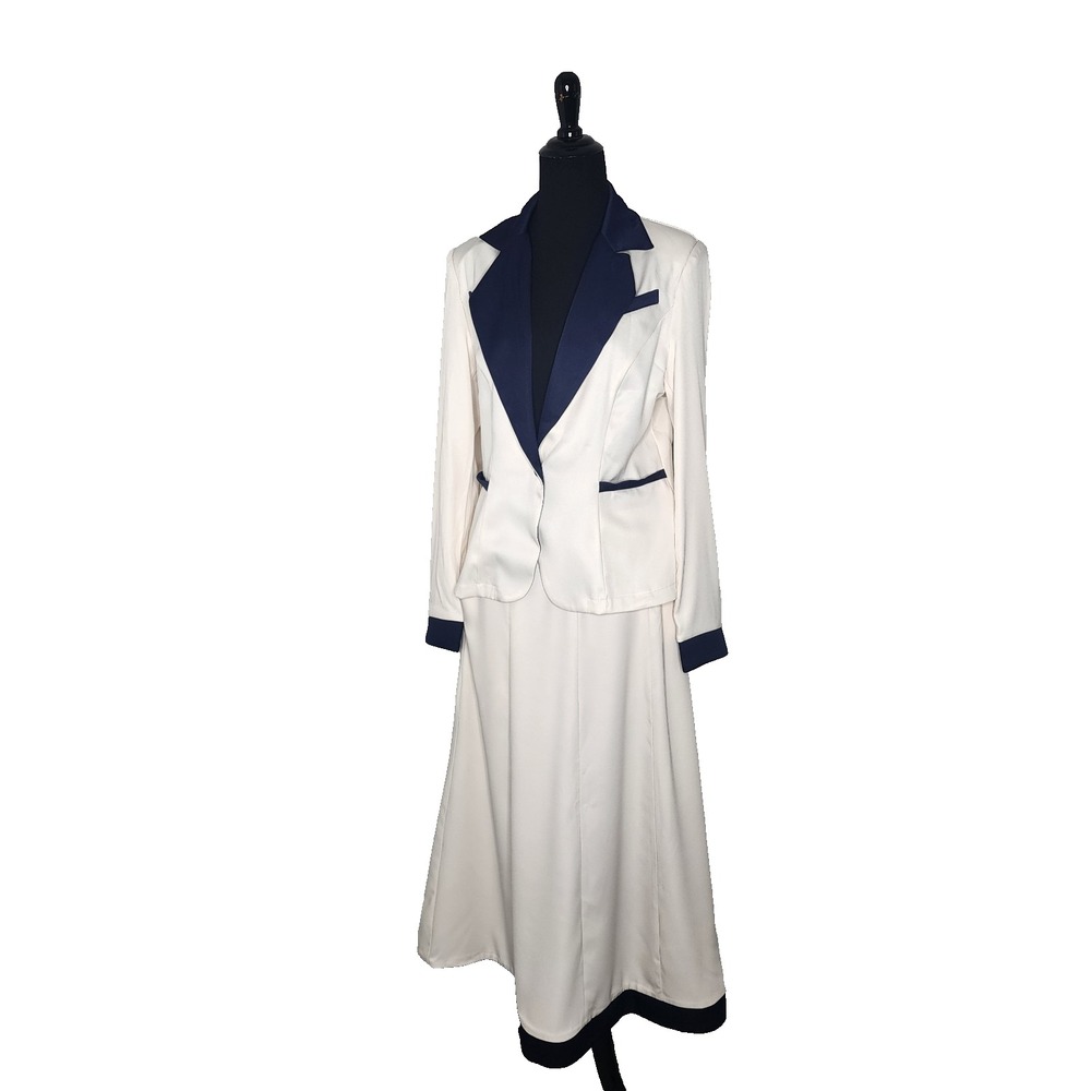 Womens 2 Piece Cream Navy Skirt Suit Set Tuxedo Blazer Long Maxi Skirt Size M